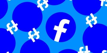 الگوی گرافیکی تکرارشونده از لوگوی فیس‌بوک در دایره‌های آبی رنگ.