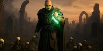 شخصیت جادوگر تاریک در محیطی آخرالزمانی با قبرستان و استخوانهای پراکنده، در حال استفاده از نیروی جادویی سبزرنگ، نمونهای از محتوای سینمایی تولیدشده با هوش مصنوعی در ساخت بازی ویدئویی