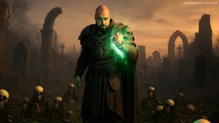 شخصیت جادوگر تاریک در محیطی آخرالزمانی با قبرستان و استخوانهای پراکنده، در حال استفاده از نیروی جادویی سبزرنگ، نمونهای از محتوای سینمایی تولیدشده با هوش مصنوعی در ساخت بازی ویدئویی