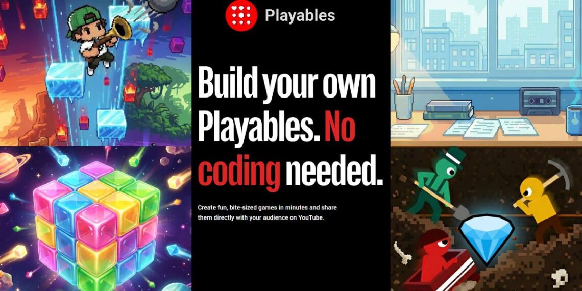 بنر تبلیغاتی YouTube Playables با نمایش نمونه بازی‌های رنگارنگ دوبعدی و سه‌بعدی، تاکید بر ساخت بازی بدون نیاز به کدنویسی