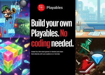 بنر تبلیغاتی YouTube Playables با نمایش نمونه بازی‌های رنگارنگ دوبعدی و سه‌بعدی، تاکید بر ساخت بازی بدون نیاز به کدنویسی