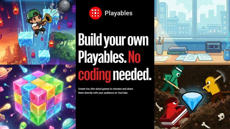 بنر تبلیغاتی YouTube Playables با نمایش نمونه بازی‌های رنگارنگ دوبعدی و سه‌بعدی، تاکید بر ساخت بازی بدون نیاز به کدنویسی