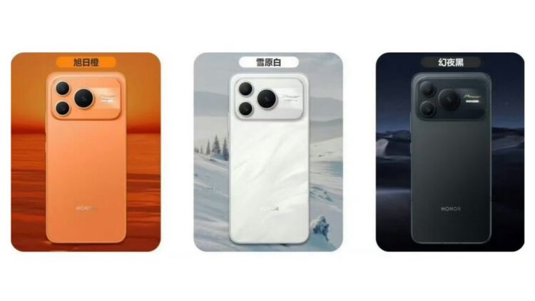 نمای پشت گوشی Honor Power 2 در سه رنگ نارنجی، سفید و مشکی، با بدنه تخت، ماژول دوربین مستطیلی با سه لنز بزرگ و طراحی الهام‌گرفته از پرچم‌داران مدرن، تمرکز بر تنوع رنگ و هویت بصری محصول