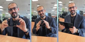 کلاژ سه تصویر از گوشی تاشو سه لایه سامسونگ در حالت‌های نیمه‌باز، مثلثی و کاملاً باز.