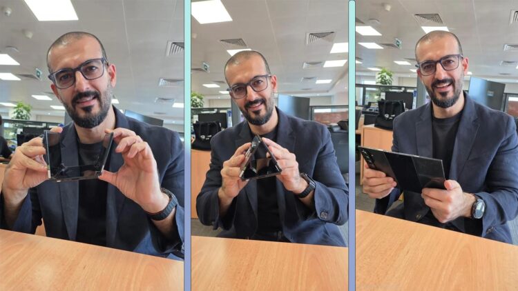 کلاژ سه تصویر از گوشی تاشو سه لایه سامسونگ در حالتهای نیمهباز، مثلثی و کاملاً باز.