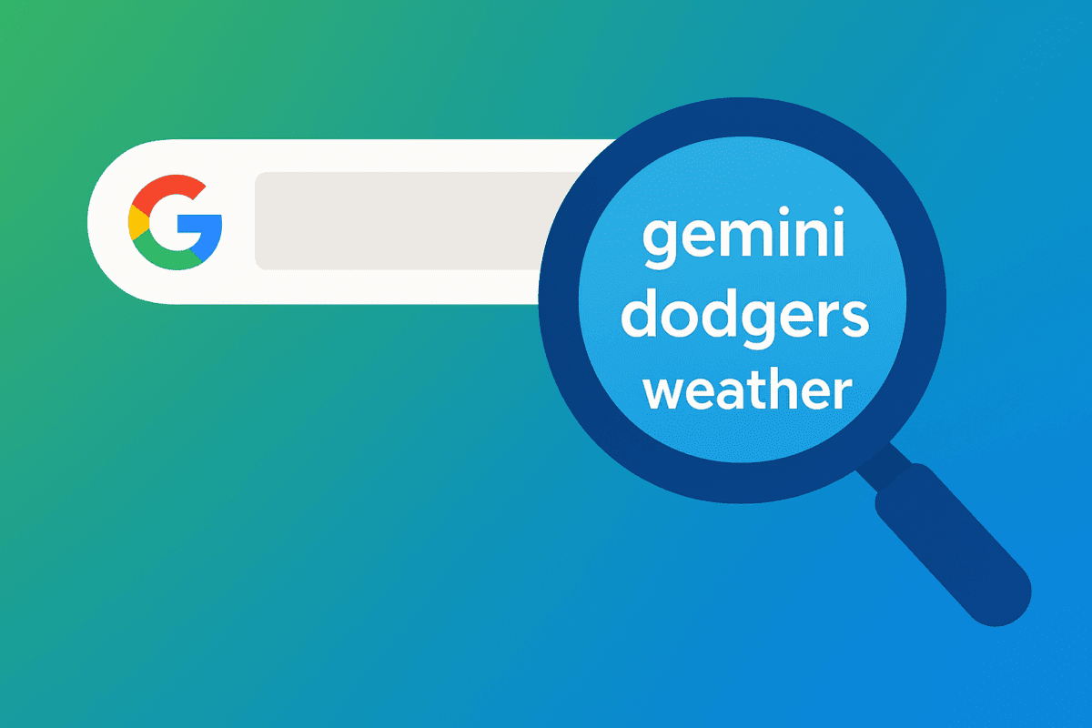 ذره‌بین بزرگی روی نوار جستجوی Google با عبارات "gemini dodgers weather" در داخل آن.