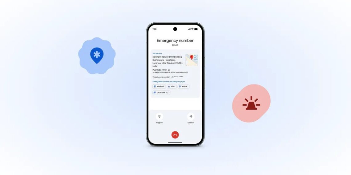 رابط کاربری سرویس مکان‌یابی اضطراری گوگل روی گوشی، در حال نمایش جزئیات موقعیت مکانی در اوتار پرادش هند.