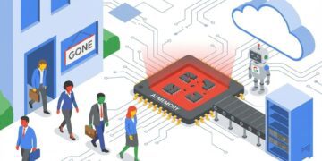 تصویرسازی کارتونی از خروج مدیران از ساختمان گوگل به دلیل مشکلات مربوط به تراشه‌های حافظه هوش مصنوعی.