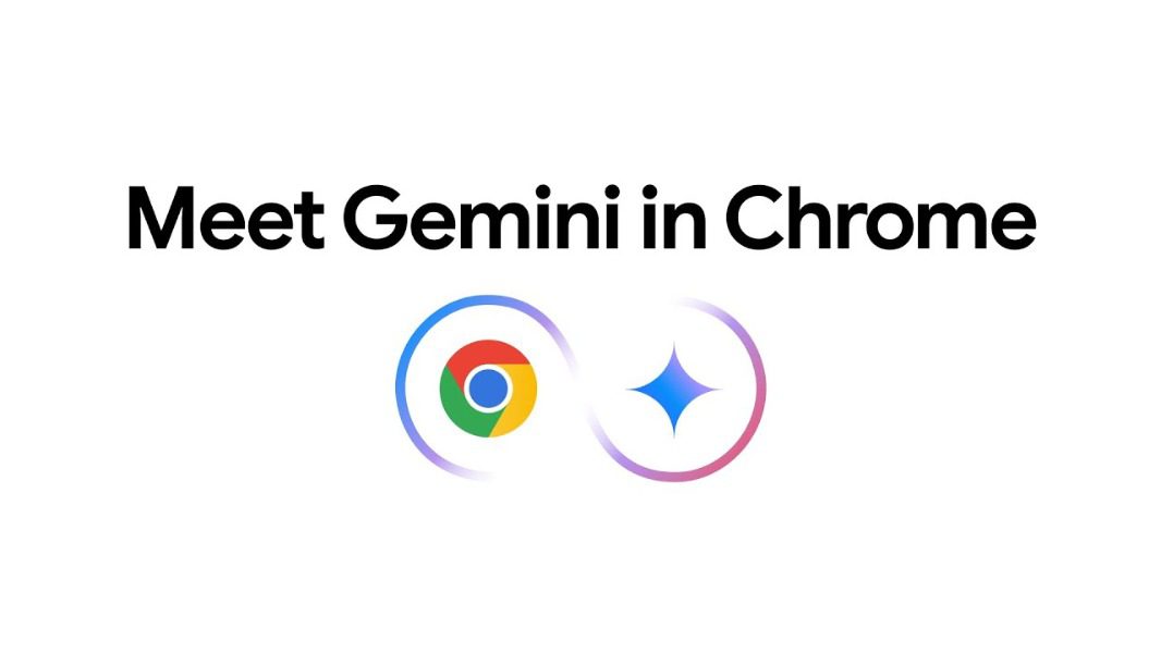پوستر تبلیغاتی سفید با متن "Meet Gemini in Chrome" و لوگوی ترکیبی مرورگر کروم و هوش مصنوعی جمنای.