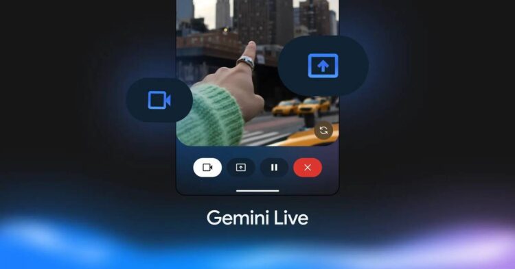 رابط کاربری Gemini Live در حال اجرا روی صفحه موبایل با آیکونهای شناور.