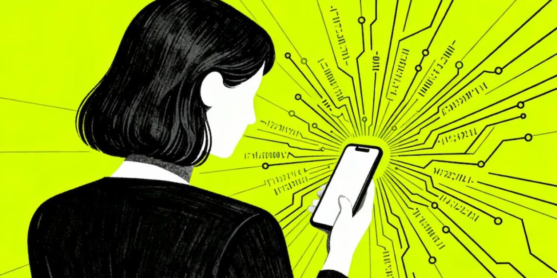 تصویرسازی هنری از فردی که گوشی به دست دارد و خطوط مدار الکترونیکی از صفحه نمایش به بیرون ساطع می‌شود.