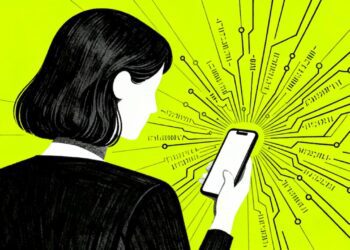 تصویرسازی هنری از فردی که گوشی به دست دارد و خطوط مدار الکترونیکی از صفحه نمایش به بیرون ساطع می‌شود.