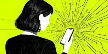 تصویرسازی هنری از فردی که گوشی به دست دارد و خطوط مدار الکترونیکی از صفحه نمایش به بیرون ساطع میشود.