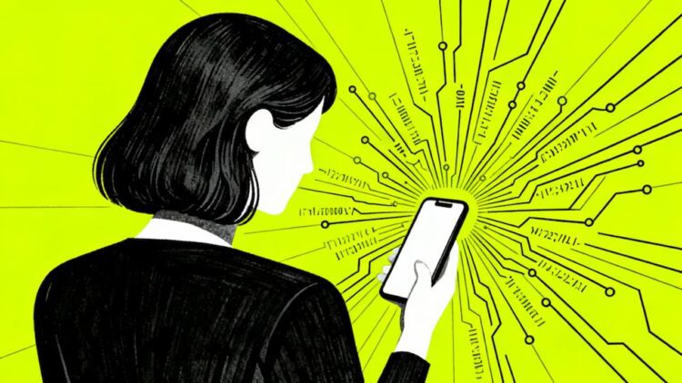 تصویرسازی هنری از فردی که گوشی به دست دارد و خطوط مدار الکترونیکی از صفحه نمایش به بیرون ساطع میشود.