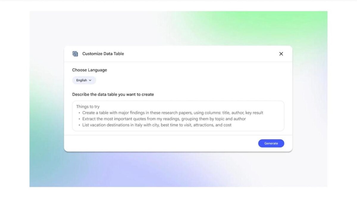 نمای رابط کاربری NotebookLM گوگل با بخش «Customize Data Table»، نمایش انتخاب زبان، کادر توصیف جدول داده و نمونه درخواستها برای تولید جداول ساختیافته از اسناد و منابع پژوهشی