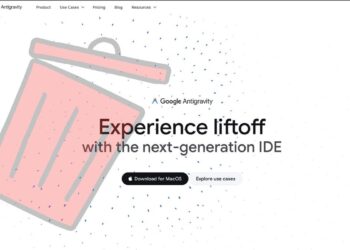 صفحه وب محصول Google Antigravity با تصویر گرافیکی یک سطل زباله صورتی.