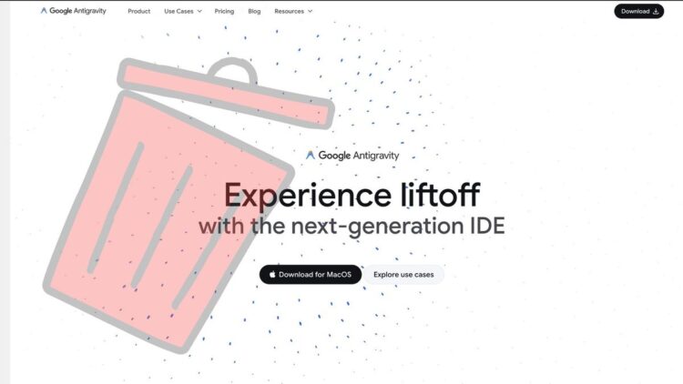صفحه وب محصول Google Antigravity با تصویر گرافیکی یک سطل زباله صورتی.