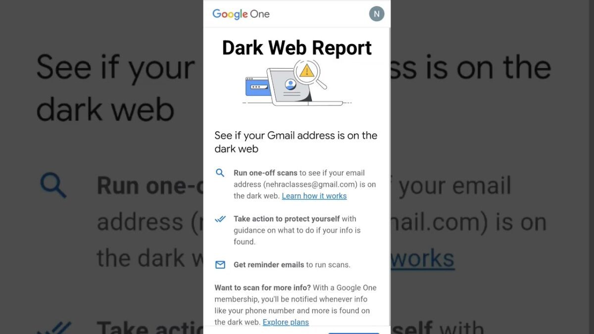 اسکرینشات از قابلیت «گزارش دارک وب» (Dark Web Report) در اپلیکیشن گوگل وان.
