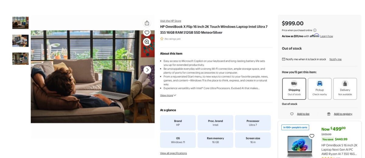صفحه فروشگاه اینترنتی برای لپتاپ HP OmniBook X Flip با قیمت ۹۹۹ دلار.