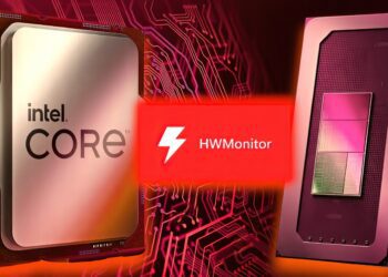 طرح گرافیکی تبلیغاتی از پردازندههای اینتل و AMD به همراه لوگوی HWMonitor برای معرفی آپدیت جدید.