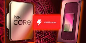 طرح گرافیکی تبلیغاتی از پردازنده‌های اینتل و AMD به همراه لوگوی HWMonitor برای معرفی آپدیت جدید.
