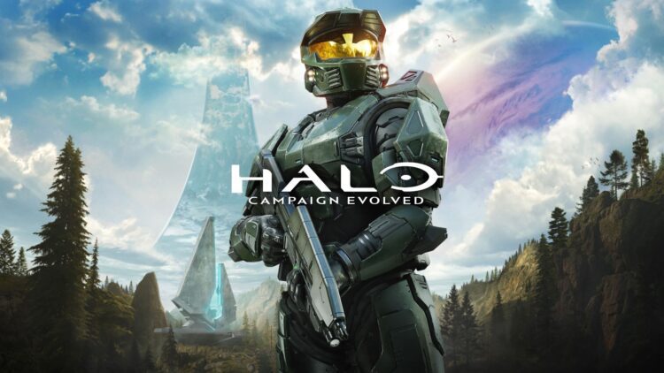 والپیپر رسمی Halo Campaign Evolved با نمایش شخصیت زره‌پوش نمادین سری Halo در محیط طبیعی سیاره Halo، حضور سازه‌های باستانی فوررانر و لوگوی بازی در مرکز تصویر