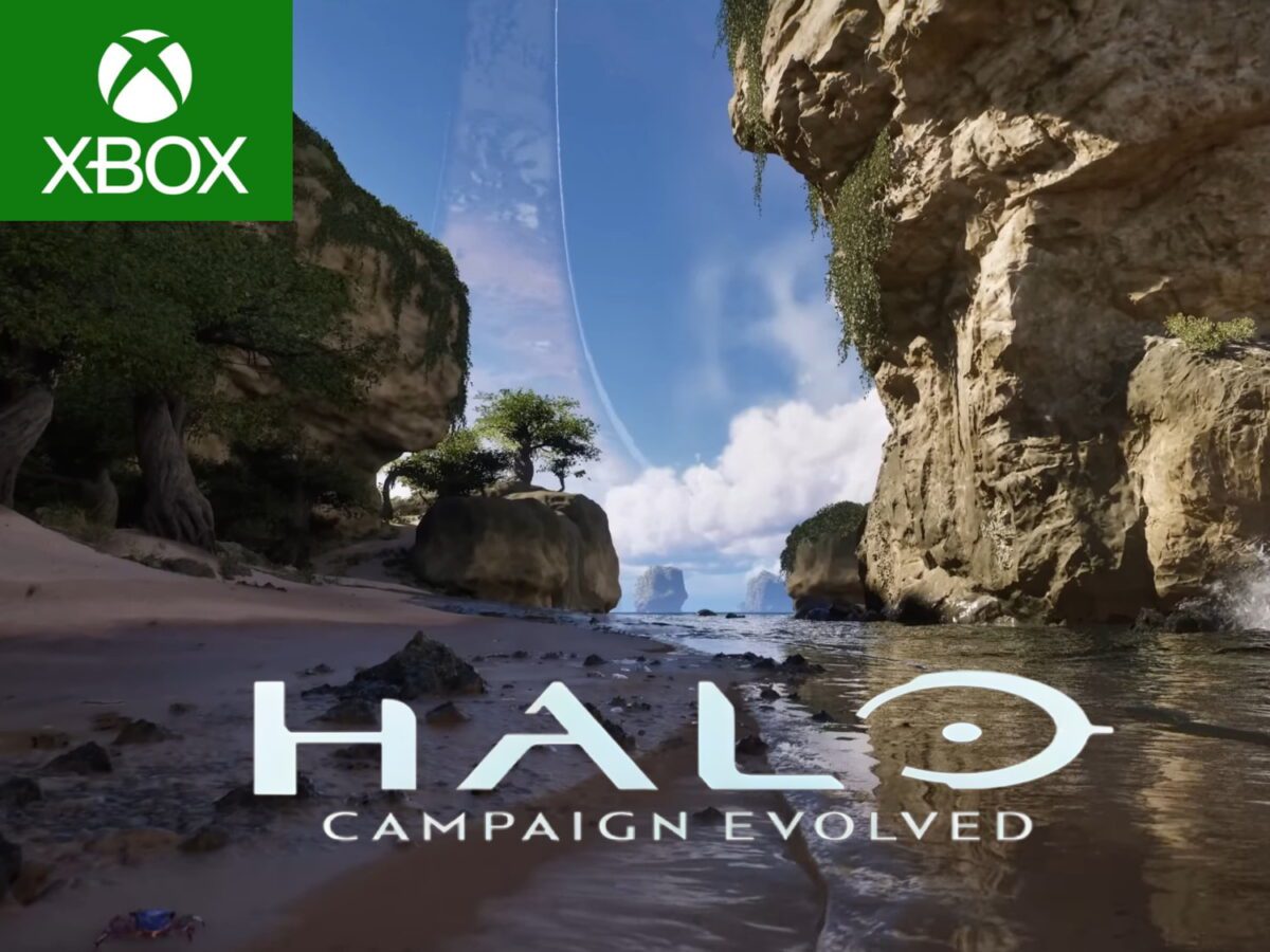 بنر تبلیغاتی Halo Campaign Evolved با نمای محیط ساحلی و صخره‌ای سیاره Halo، حلقه عظیم Halo در آسمان و نمایش لوگوی Xbox و عنوان بازی