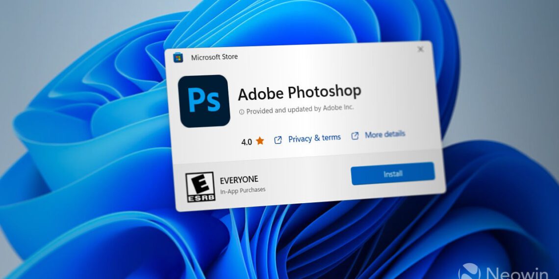 پنجره نصب نرمافزار ادوبی فتوشاپ در محیط فروشگاه مایکروسافت (Microsoft Store) در ویندوز ۱۱