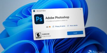 پنجره نصب نرم‌افزار ادوبی فتوشاپ در محیط فروشگاه مایکروسافت (Microsoft Store) در ویندوز ۱۱