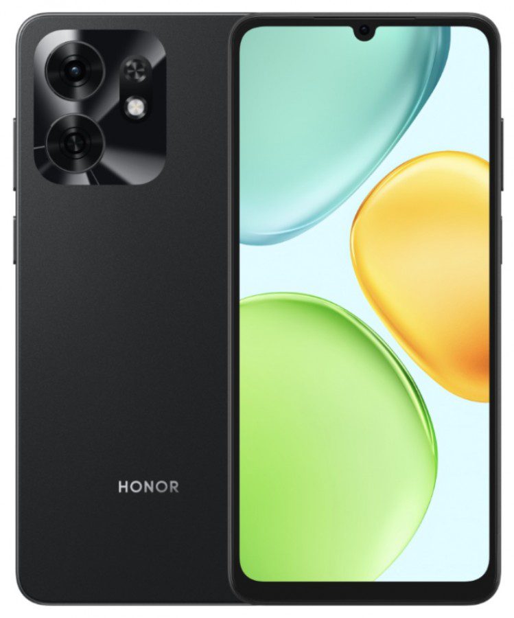 نمای جلو و پشت گوشی هوشمند آنر (Honor) به رنگ مشکی با ماژول دوربین دایرهای و نمایشگر روشن.