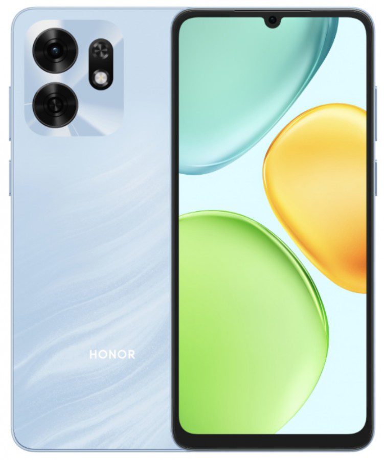 نمای جلو و پشت گوشی هوشمند آنر (Honor) با ماژول دوربین دایرهای و نمایشگر روشن.