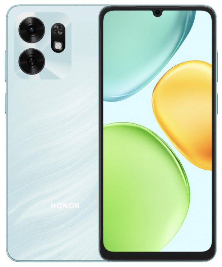 نمای جلو و پشت گوشی هوشمند آنر (Honor) با ماژول دوربین دایرهای و نمایشگر روشن.