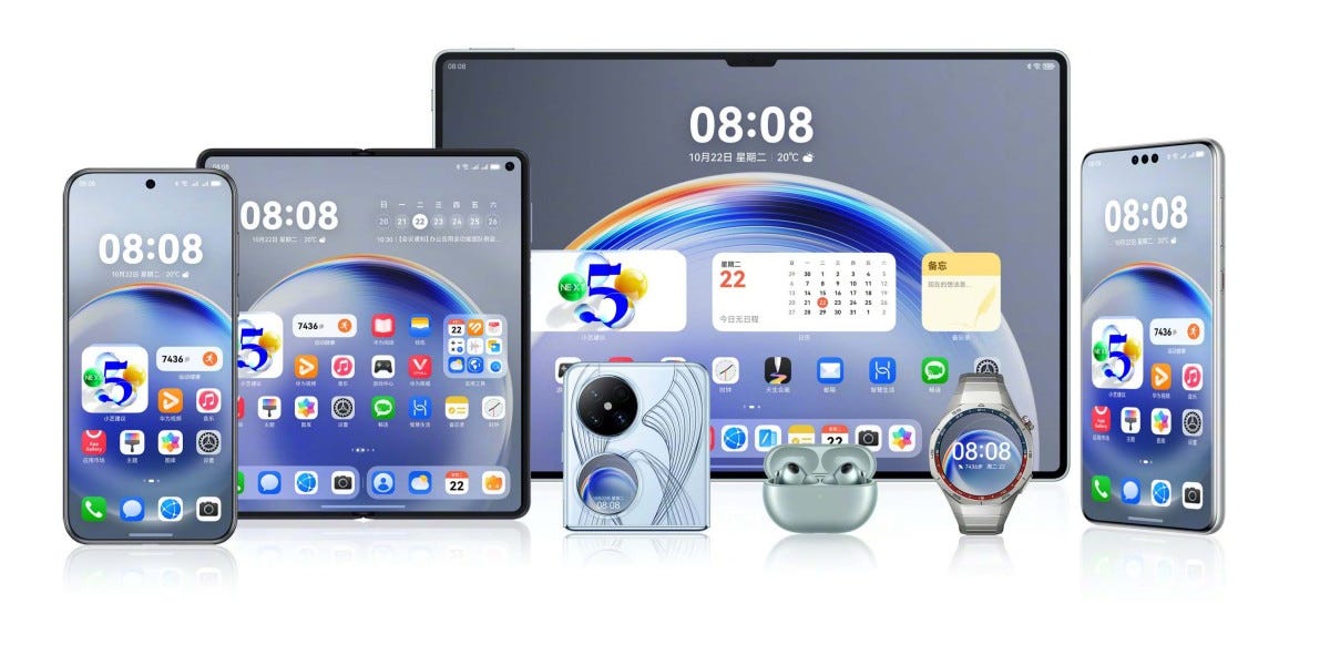 مجموعه‌ای از محصولات اکوسیستم هواوی شامل گوشی، تبلت، ساعت هوشمند و هندزفری با سیستم‌عامل HarmonyOS.