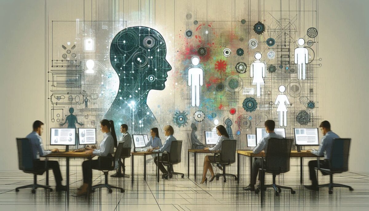 تصویر مفهومی و هنری از ادغام و همکاری کارمندان انسان با ایجنتهای هوش مصنوعی در محیط کار.