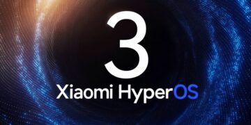 لوگوی عدد ۳ بزرگ سفید روی پس‌زمینه انتزاعی آبی و نارنجی با متن Xiaomi HyperOS.