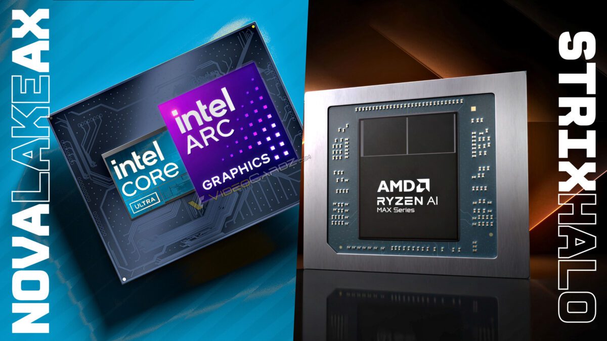 لوگوی شرکت‌های اینتل و انویدیا در دو طرف یک تراشه پردازنده طلایی روی پس‌زمینه‌ای از مدارهای آبی‌رنگ.