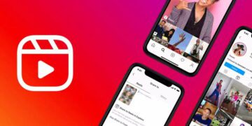 رابط کاربری اینستاگرام Reels روی چند آیفون با پسزمینه گرادیانی قرمز و نارنجی، همراه با نمایش ویدیوهای کوتاه و صفحه اشتراکگذاری