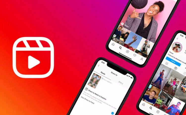 رابط کاربری اینستاگرام Reels روی چند آیفون با پسزمینه گرادیانی قرمز و نارنجی، همراه با نمایش ویدیوهای کوتاه و صفحه اشتراکگذاری