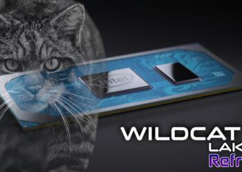 تصویر ترکیبی یک تراشه کامپیوتری گرافیکی آبی رنگ با نام "Intel" و چهره یک گربه وحشی در پس‌زمینه، همراه با متن "Wildcat Lake Refresh".