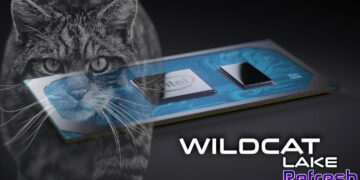 تصویر ترکیبی یک تراشه کامپیوتری گرافیکی آبی رنگ با نام "Intel" و چهره یک گربه وحشی در پس‌زمینه، همراه با متن "Wildcat Lake Refresh".