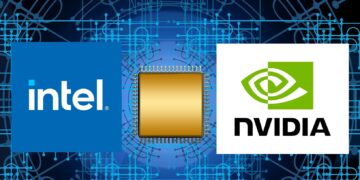 لوگوی شرکت‌های اینتل و انویدیا در دو طرف یک تراشه پردازنده طلایی روی پس‌زمینه‌ای از مدارهای آبی‌رنگ.