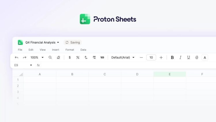 تصویر رابط کاربری Proton Sheets با یک جدول خالی و نوار ابزار در حال نمایش.