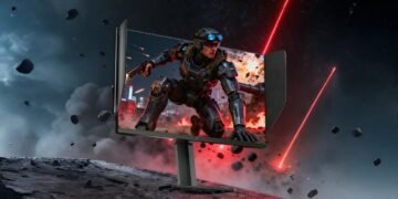 مانیتور گیمینگ ۲۷ اینچی KTC با تصویر بازی اکشن و پنل‌های جانبی (هود) برای تمرکز بیشتر.