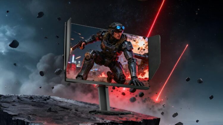 مانیتور گیمینگ ۲۷ اینچی KTC با تصویر بازی اکشن و پنل‌های جانبی (هود) برای تمرکز بیشتر.