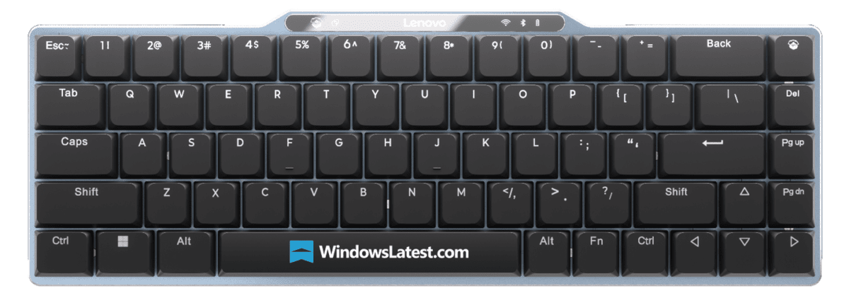 نمای بالای کیبورد فشرده Lenovo مجهز به پنل خورشیدی داخلی برای شارژ در قسمت فوقانی.