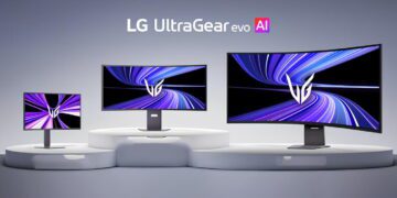 نمای خانواده مانیتورهای LG UltraGear evo AI در اندازه‌های مختلف با طراحی مدرن، نمایشگر عریض و لوگوی UltraGear، تمرکز بر فناوری هوش مصنوعی، گیمینگ پیشرفته و محصولات نسل جدید ال‌جی