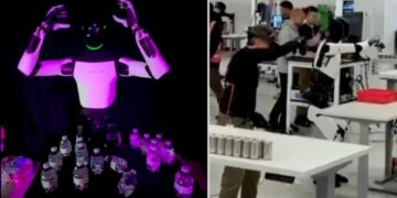 تصویر مقایسه‌ای که کنترل از راه دور ربات تسلا توسط اپراتور انسانی با تجهیزات موشن کپچر را افشا می‌کند.