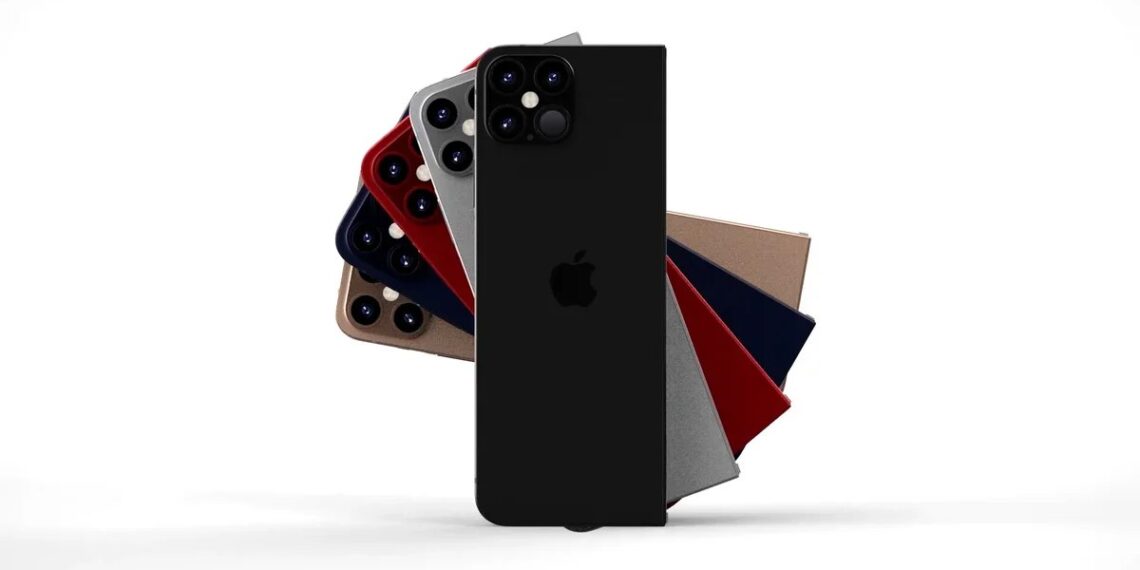 تصویر مفهومی از آیفون تاشو در رنگ‌های مختلف که به صورت بادبزنی کنار هم قرار گرفته‌اند.