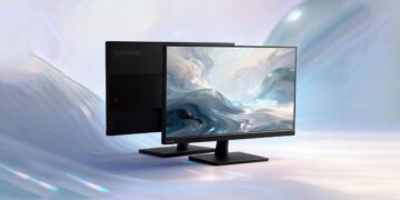 مانیتور لنوو مدل ThinkVision S25-4e از دو زاویه جلو و پشت در یک فضای گرافیکی.