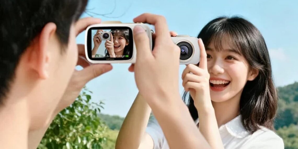 یک زوج جوان در حال عکاسی سلفی با دوربین دیجیتال سفید رنگ لنوو X1 در فضای باز.